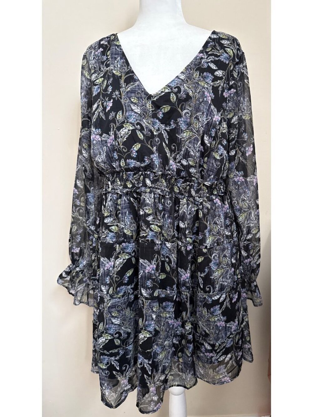 Torrid Lurex Chiffon Tiered Mini Dress Black Floral Print With Pockets Size 0